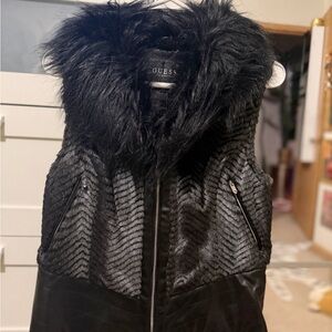 GUESS Women's Black Chevron Faux Fur Vest